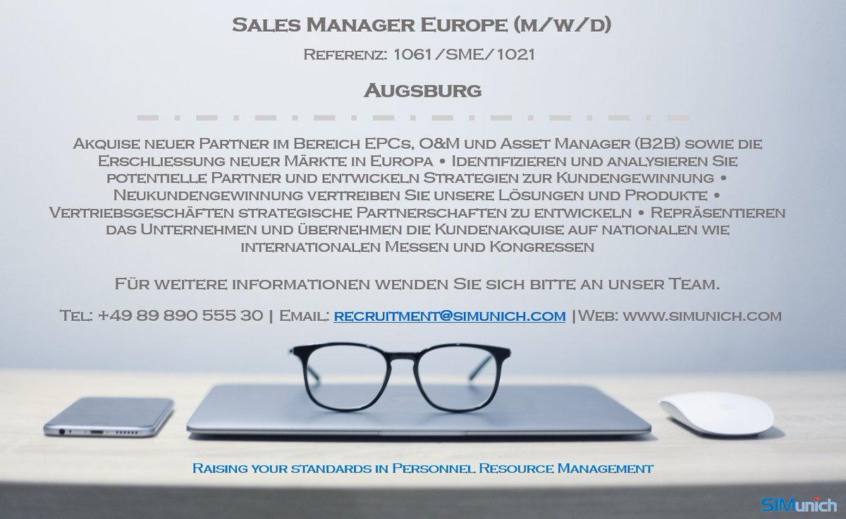 Unser Kunde sucht ein Sales Manager Europe (m/w/d) für Standort Augsburg. Vollständige Informationen auf unserer Website: simunich.com/job/sales-mana… - #SalesManagerEurope #EuropeanSales #Augsburg #SIMunich