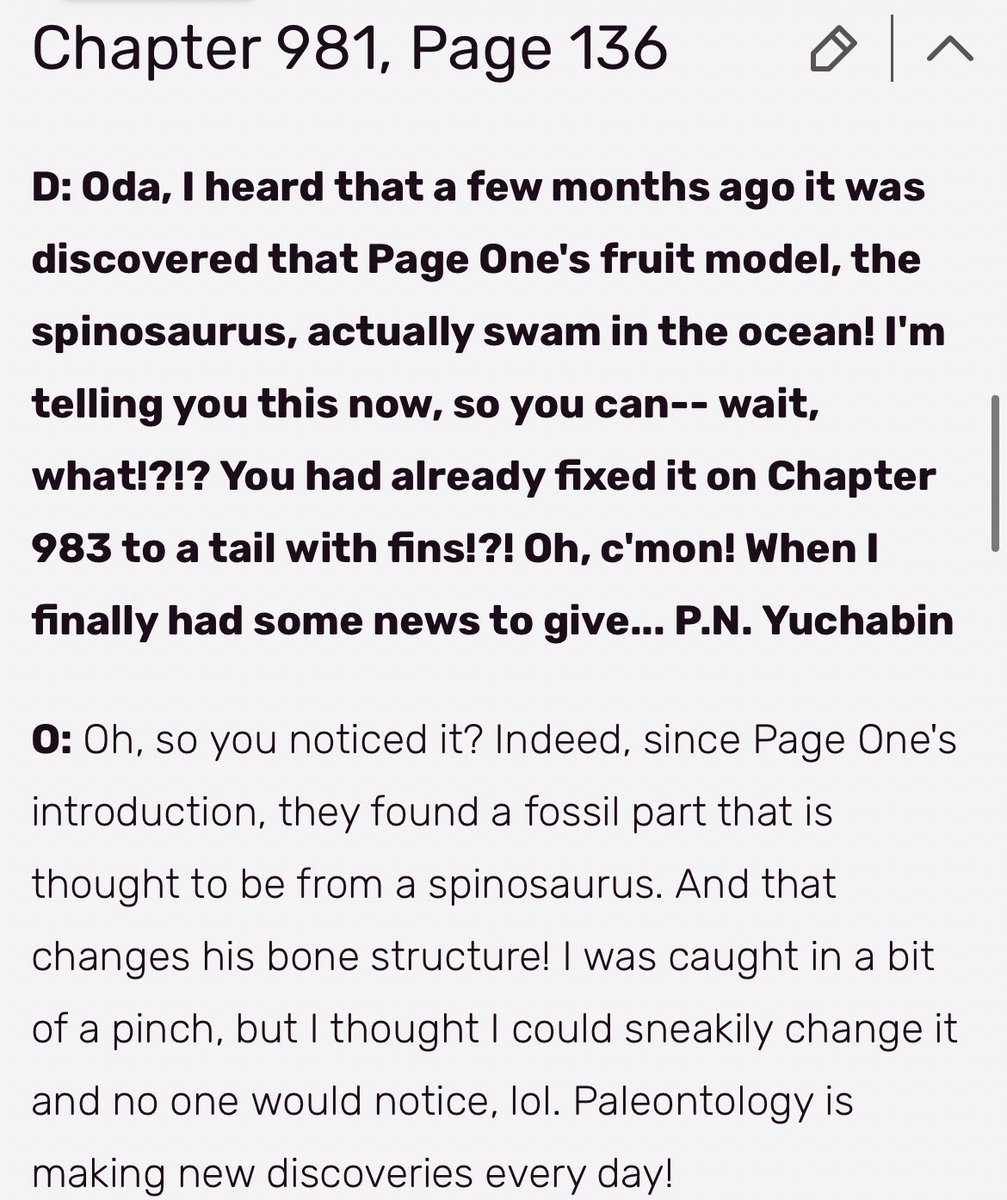 _D_dot_'s tweet photo. Oda: “ah yes I’ve heard there has been a very recent discovery about a dinosaur that is used in my manga, I should retcon the old design to make it more anatomically correct to real life. Wouldn’t want people to be confused.”

Also Oda: “haha snake 🐍”

#ONEPIECE1028 #ONEPIECE https://t.co/mvu7CfxJut