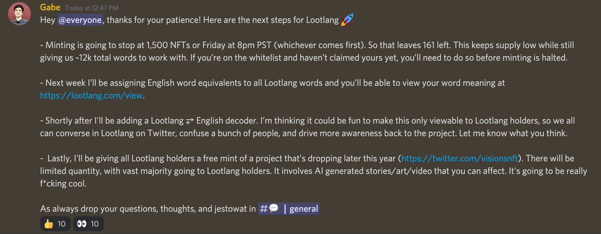 lootlang's tweet photo. Lootlang next steps! In short: 161 left to mint, word meanings coming next week, and all holders get a free @visionsnft when it drops. https://t.co/N5ZaDA2Gea