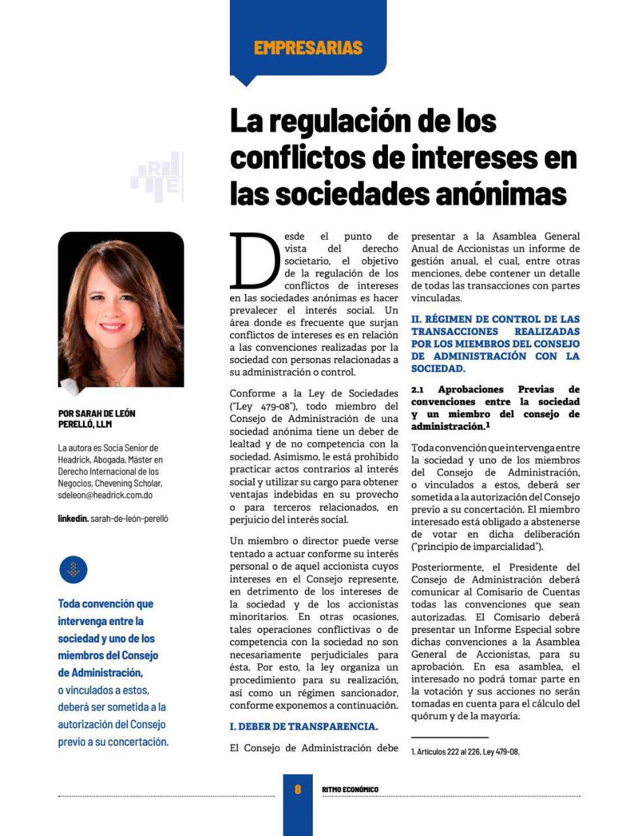 sarahdeleonp's tweet photo. Comparto con ustedes el artículo titulado: “La Regulación de los Conflictos de Intereses en las Sociedades Anónimas”, escrito por mí y publicado en la Revista Ritmo Económico en su edición de agosto. @ritmoeconomicord .Ver págs.8-9 de la edición: https://t.co/uOv2jaxaRW. https://t.co/3uzvOrCUIf