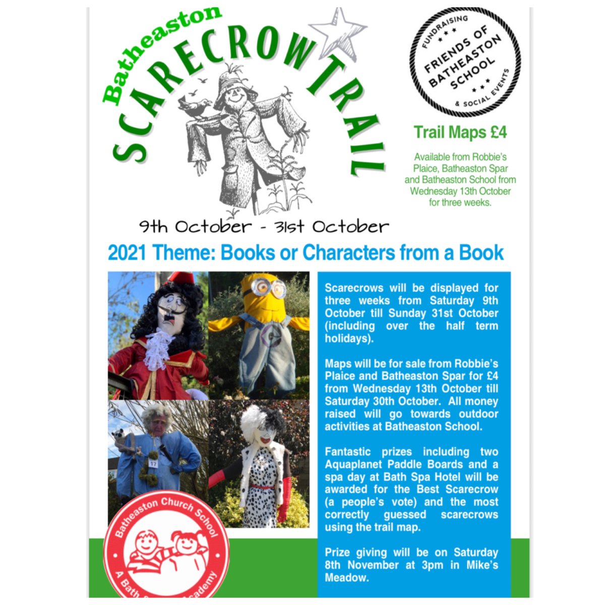 BatheastonFobs's tweet photo. ⭐️SCARECROW TRAIL MAPS PRINTED AND READY⭐️
On sale-Wednesday, Thursday and Friday outside school. FOBS AGM Wednesday evening and KS1 Disco Friday evening. Along with Robbies Plaice and Batheaston Spar from Wednesday. So many fun characters! 
(if possible please have £4 exactly) https://t.co/mOlHpR8cW2
