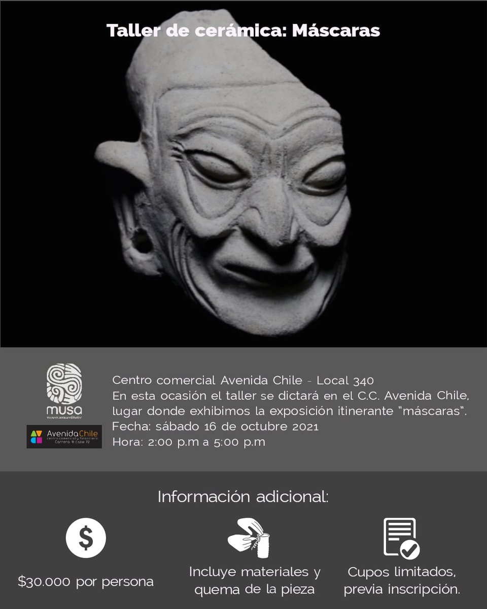 Taller de cerámica - máscaras 
Inscríbase aquí: forms.gle/VHusC8Ba4J13V6…