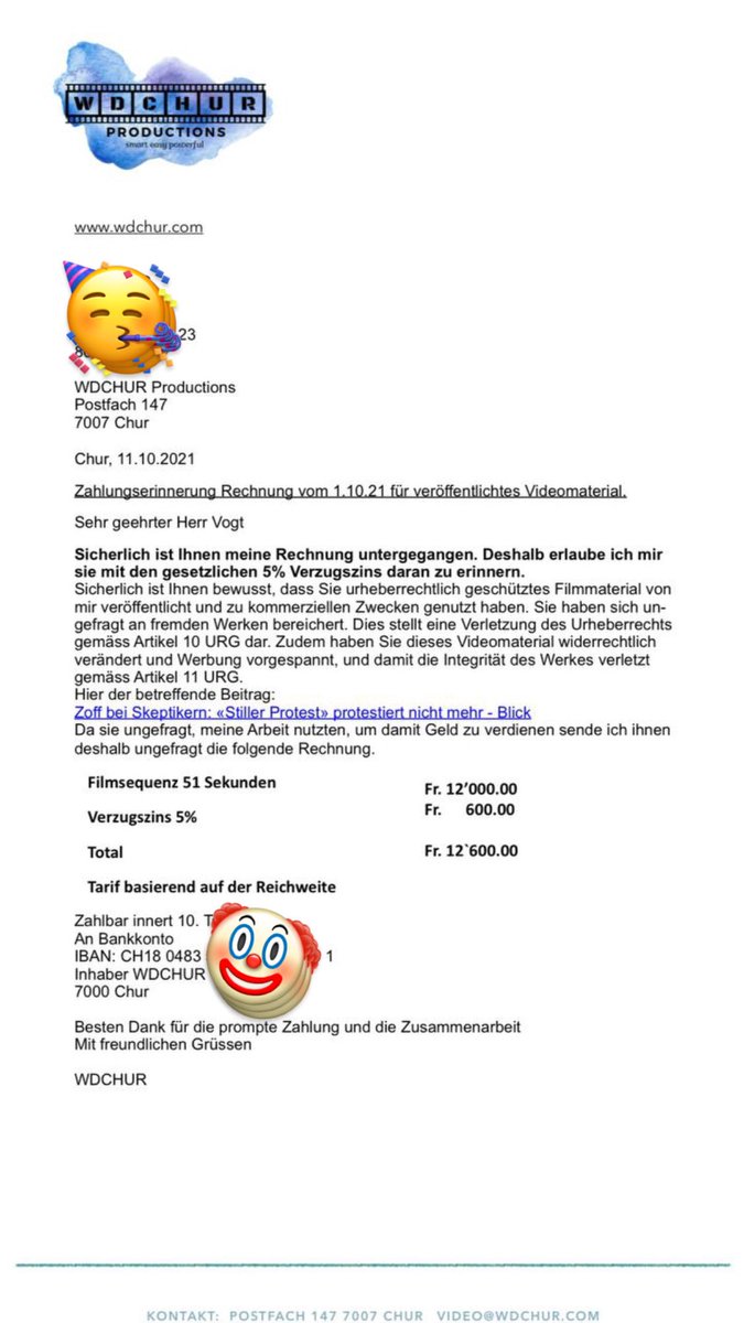 CovidiotenCH's tweet photo. Irgendwie legendär, wie Werner Deflorin die #Verzugszinsen berechnet 🤡 Eigentlich könnte @ringier_ag nun wegen #Wucher auf ihn los. Aber die Rechnung an sich ist sowieso ein Witz. #Covidioten #WDChur @Blickch @efd_dff @Kanton_GR https://t.co/aiukeZLJHD