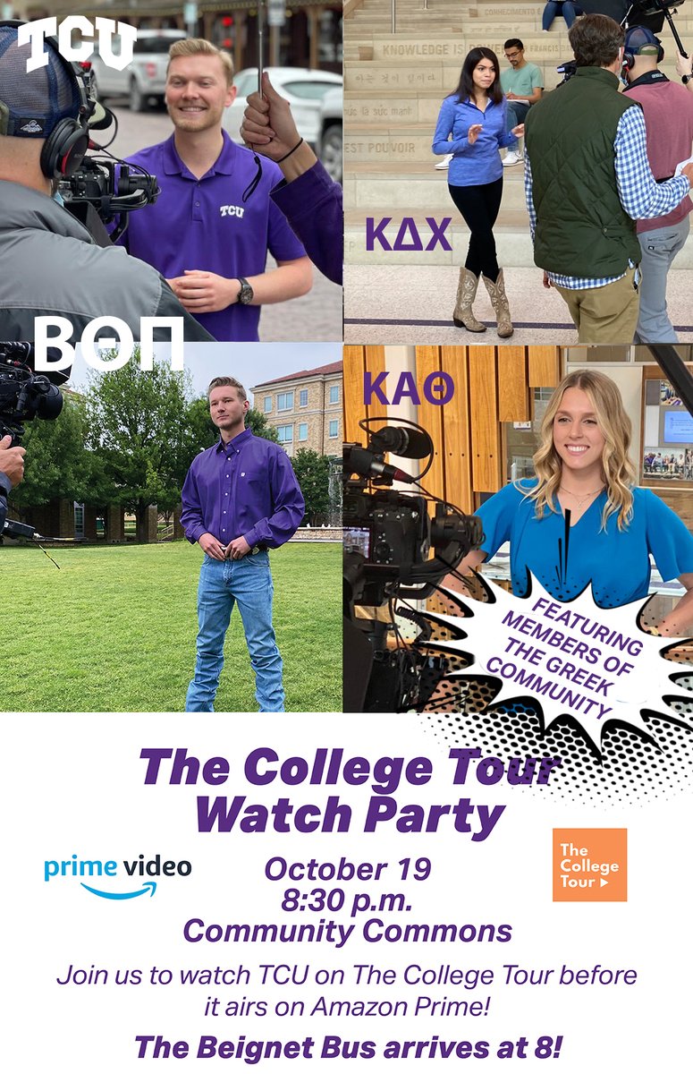 Join us to watch TCU’s biggest virtual tour! We will premiere TCU’s episode of “The College Tour” before it airs on Amazon Prime. <a href="/emilycitarella/">Emily</a> <a href="/ryan_marks_/">Ryan Marks</a> <a href="/paigeshiring/">Paige Shiring</a> <a href="/erikard_/">Erik Sharipov</a> @cort_land1 <a href="/tcuadmission/">TCU Admission</a> @texaschristianuniversity @thecollegetourtv <a href="/boylanalex/">Alex Boylan</a> #TheCollegeTour