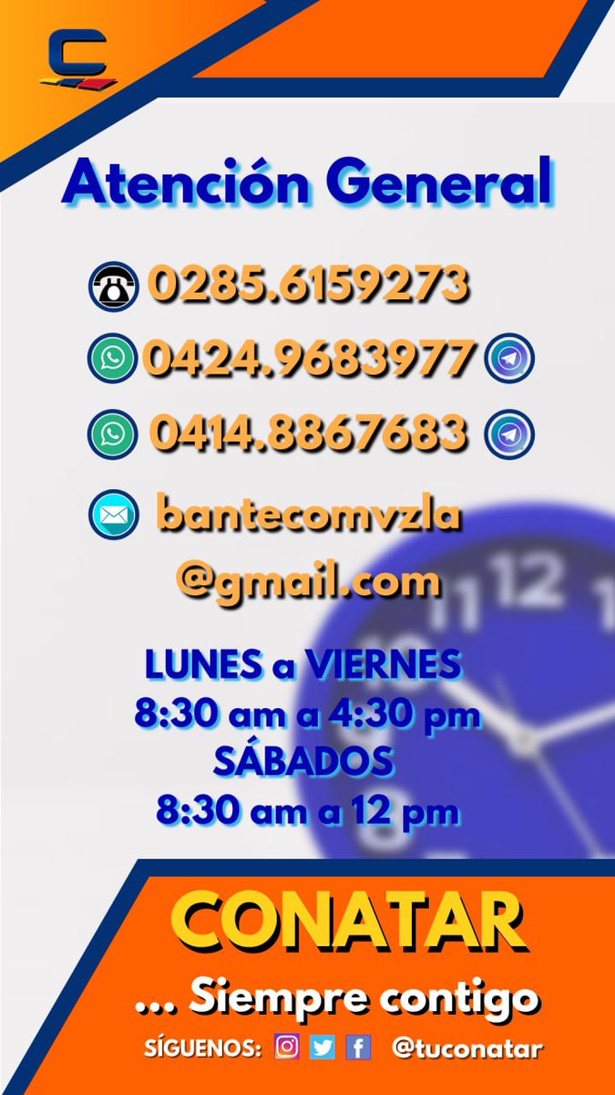 TuConatar's tweet photo. En #Conatar estamos siempre a tu servicio.
Puedes contactarnos a través de
WhatsApp y Telegram: 04249683977 y 04148867683
En nuestras oficinas: 02856159273
También por el correo bantecomvzla@gmail.com
💰 Seguimos creciendo JUNTOS🤝
#Conatar #horariodeoficina #saldo #recarga https://t.co/dTfIn43GVK