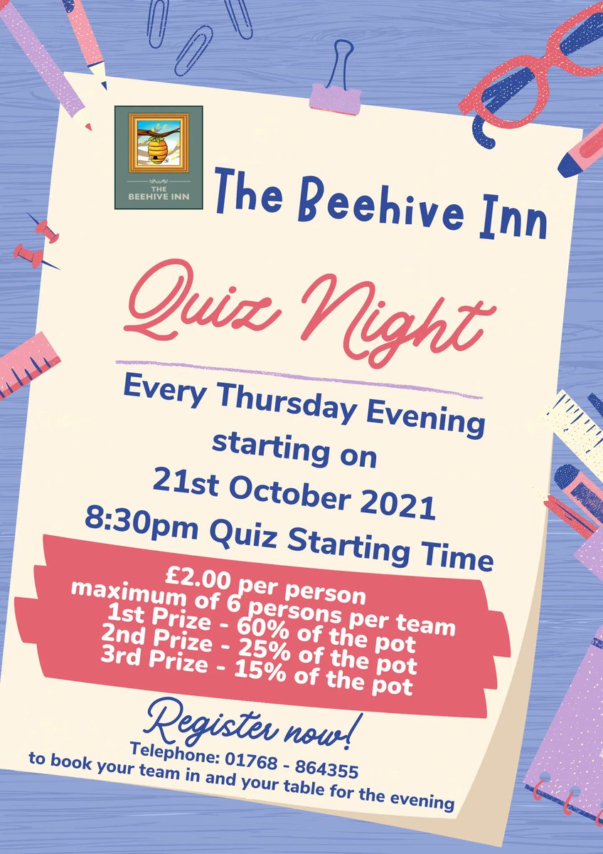 ✅✅ QUIZ NIGHTS ✅✅

Back by popular demand, we are relaunching <a href="/B33hive1nn/">The Beehive Inn - Penrith</a> Quiz Nights

Every Thursday Night
Eyes down at 8:30pm
Our Quiz Master is the amazingly, wonderful Harry Upton

Entry Fee: £2.00 per person 
Maximum of 6 persons in a team
01768-864355 to book your table