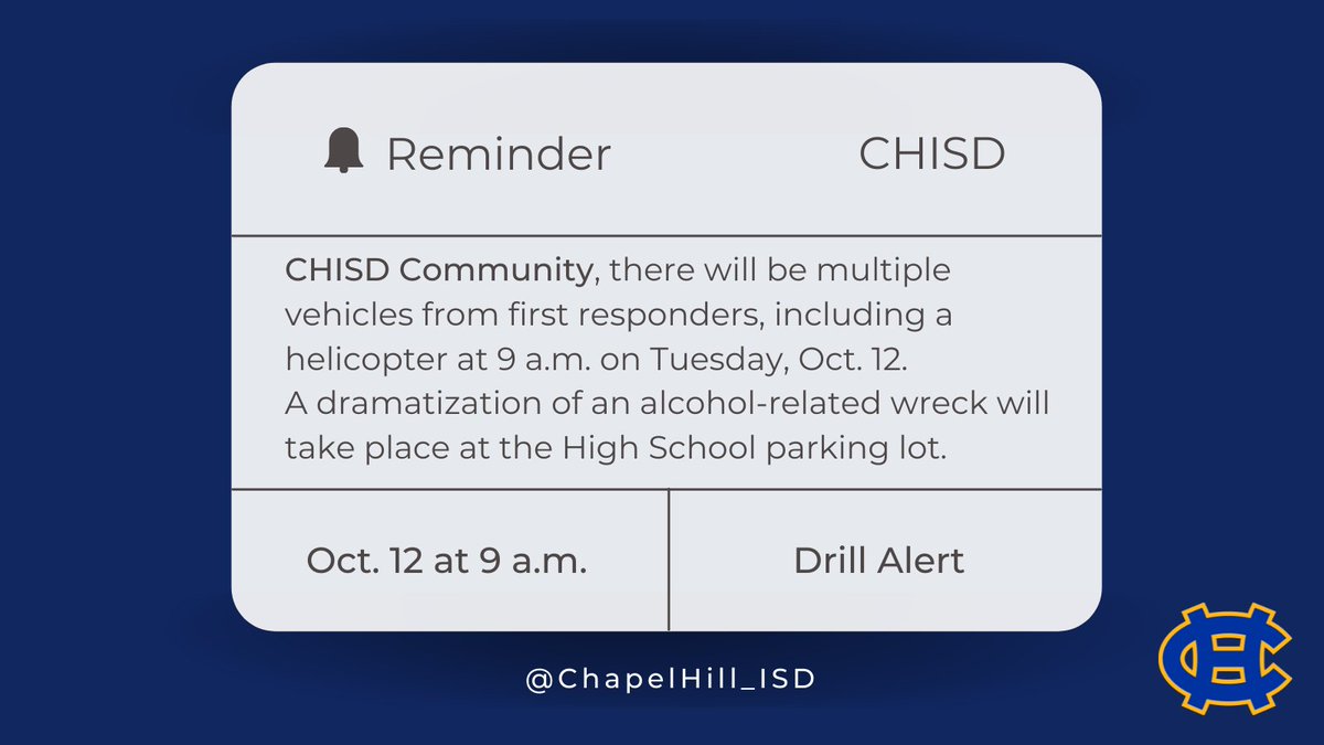 Alert: We will have an ambulance, fire trucks, and a helicopter at the High School parking lot starting at 9 a.m. on Tuesday. #ShatteredDreamsProgram