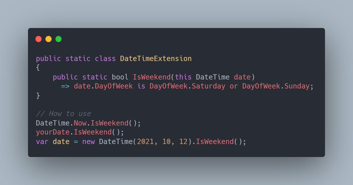 andrebaltieri's tweet image. Did you know you can easily extend #csharp built-in type behaviour using #ExtensionMethods?
Here is an example of how you can extend #DateTime!
#dotnet #aspnet