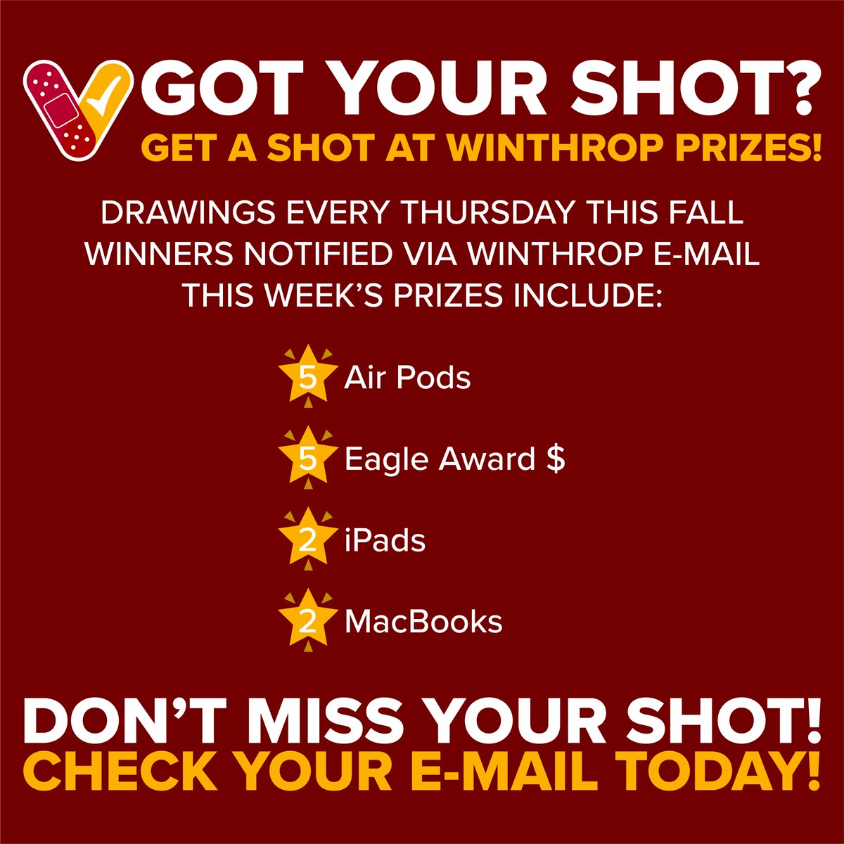winthropu's tweet photo. You'll probably be able to write that CRTW paper much faster on a new MacBook, right? That's just one of the prizes in this week's #Winthrop Vaccine Incentives Giveaway. Check your inboxes later today to see if you're a winner. #MaskUpWinthrop https://t.co/40rrcMlBYb