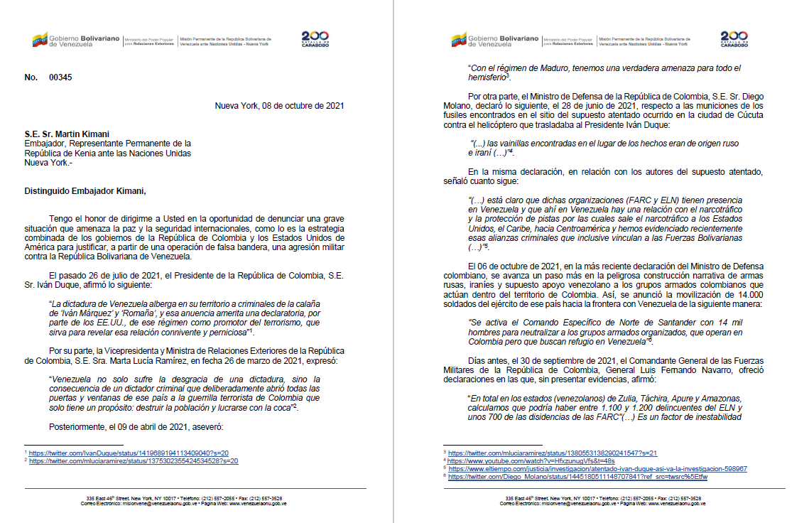 SMoncada_VEN's tweet photo. Venezuela denuncia ante el Consejo de Seguridad de las Naciones Unidas la estrategia combinada de Estados Unidos y Colombia para justificar, con una operación de falsa bandera, una agresión militar contra Venezuela.
Vea carta completa en español aquí:
 
https://t.co/HeCbcnmXls https://t.co/dBcQj8cI5A