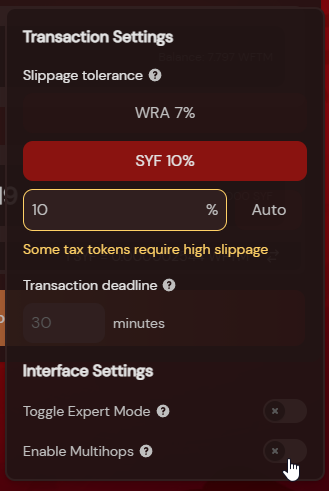 wraithswap's tweet photo. We now have preset slippage options for $WRA and $SYF along with multihops disabled now by default to provide a more friendly interface for our tokens on #fantom $FTM!

https://t.co/HRVfoNKJpC 🔥 https://t.co/682XAfvGAB
