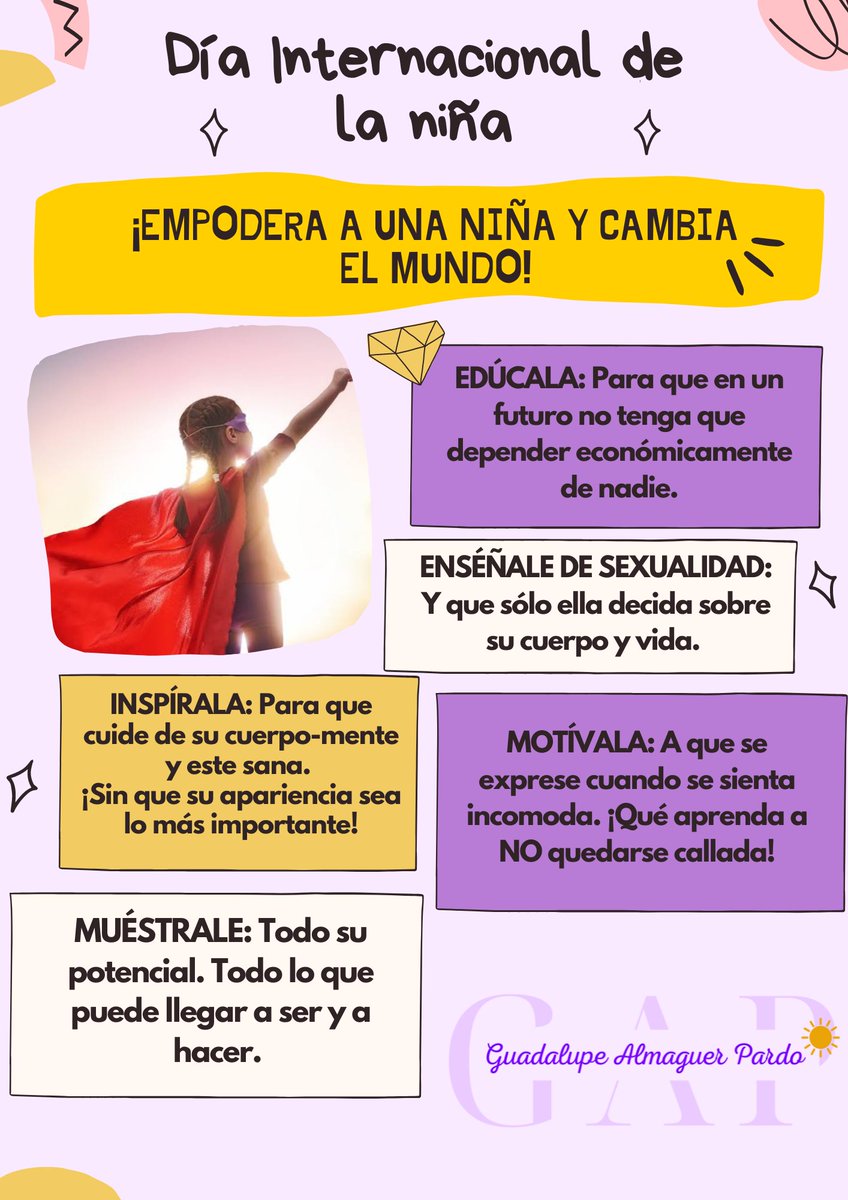 ¡Hoy es el #DíaInternacionalDeLaNiña!
Reconocerla,respetarla,garantizarle una vida libre de violencias,ser garante en su educación y en sus derechos,es nuestra labor.
¡Hacer que crezcan en igualdad de oportunidades y empoderadas debe ser nuestra lucha y convicción! #NiUnPasoAtrás