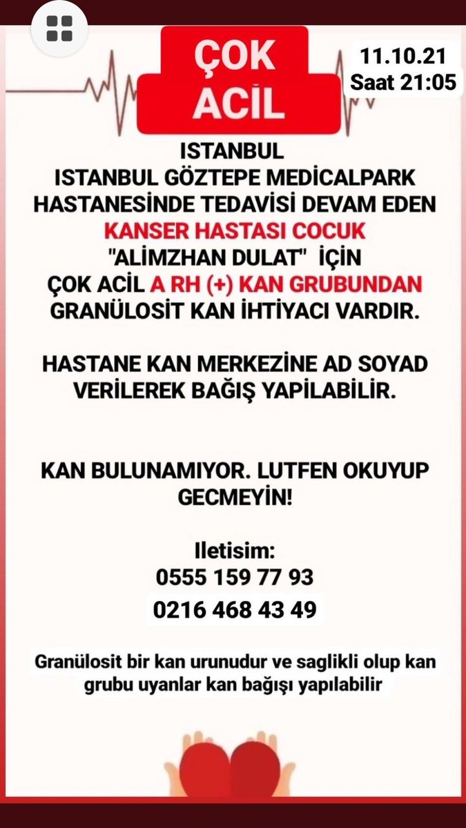 #KANSER HASTASI
#ÇOCUK LÜTFEN DESTEK 

Istanbul şu an icin cok cok acele
 A rh (+) ihtiyac var.. maalesef bulamamışlar 

#çocugun  rahatsizligi sebebiyle Günlük  ihtiyac olup, bulunmasinda zorlanilmakta. Lutfen yardimci olur musunuz?