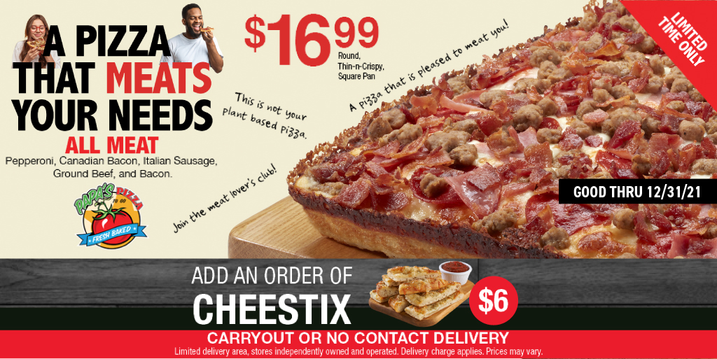PapasPizzaToGo's tweet photo. Introducing the pizza that "meats" all of your needs! 👏 This pizza is topped with pepperoni, Canadian bacon, Italian sausage, ground beef, & bacon. 🥓 Try it for yourself today!
https://t.co/XEyCzryS9v
#MeatLovers #MeatPizza #PapasPizzaToGo #EatLocal https://t.co/SKnZdAxgJo