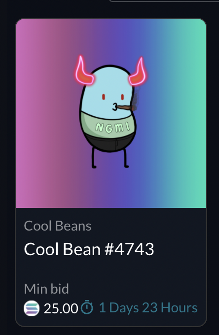 CoolBeansNFT's tweet photo. 🚨1st sale complete and 1st auction up on @ftx_us!!!🚨

NGMI Bean, (WGMI), but still really friggin cool to see

Big thanks to @Brett_FTXUS and the FTX team for tirelessly working to make NFTs more accessible and easier to buy/sell for the community 🤝🥇 https://t.co/kaSJMiLAXS