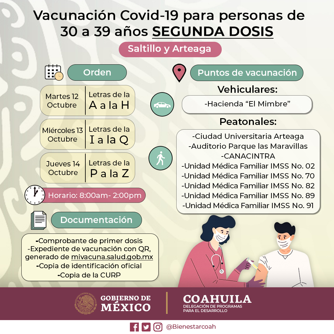 Comenzamos con la aplicación de la Segunda Dosis a personas de 30 a 39 años y de otras edades que se vacunaron entre el 10 y 15 de julio con la #vacuna Astra Zeneca, en los municipios de #Saltillo o #Arteaga.