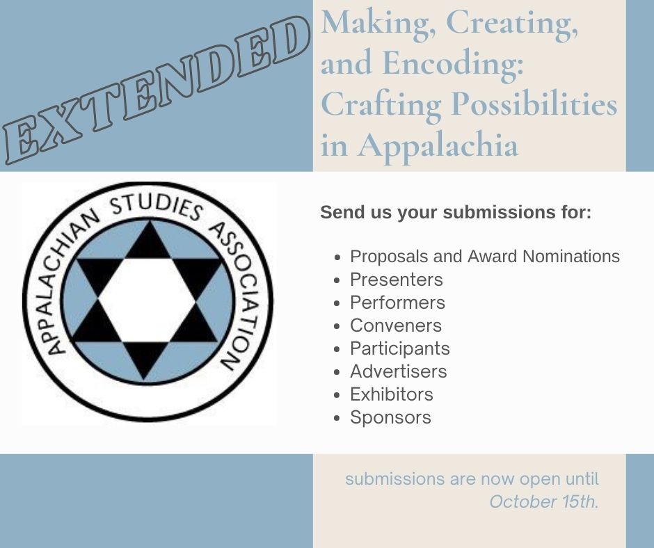 The deadline to submit proposals for the 45th annual ASA conference has been extended to Friday, October 15, 2021. You may find the link to submit your proposal and other conference information at:
appalachianstudies.org/annualconferen…