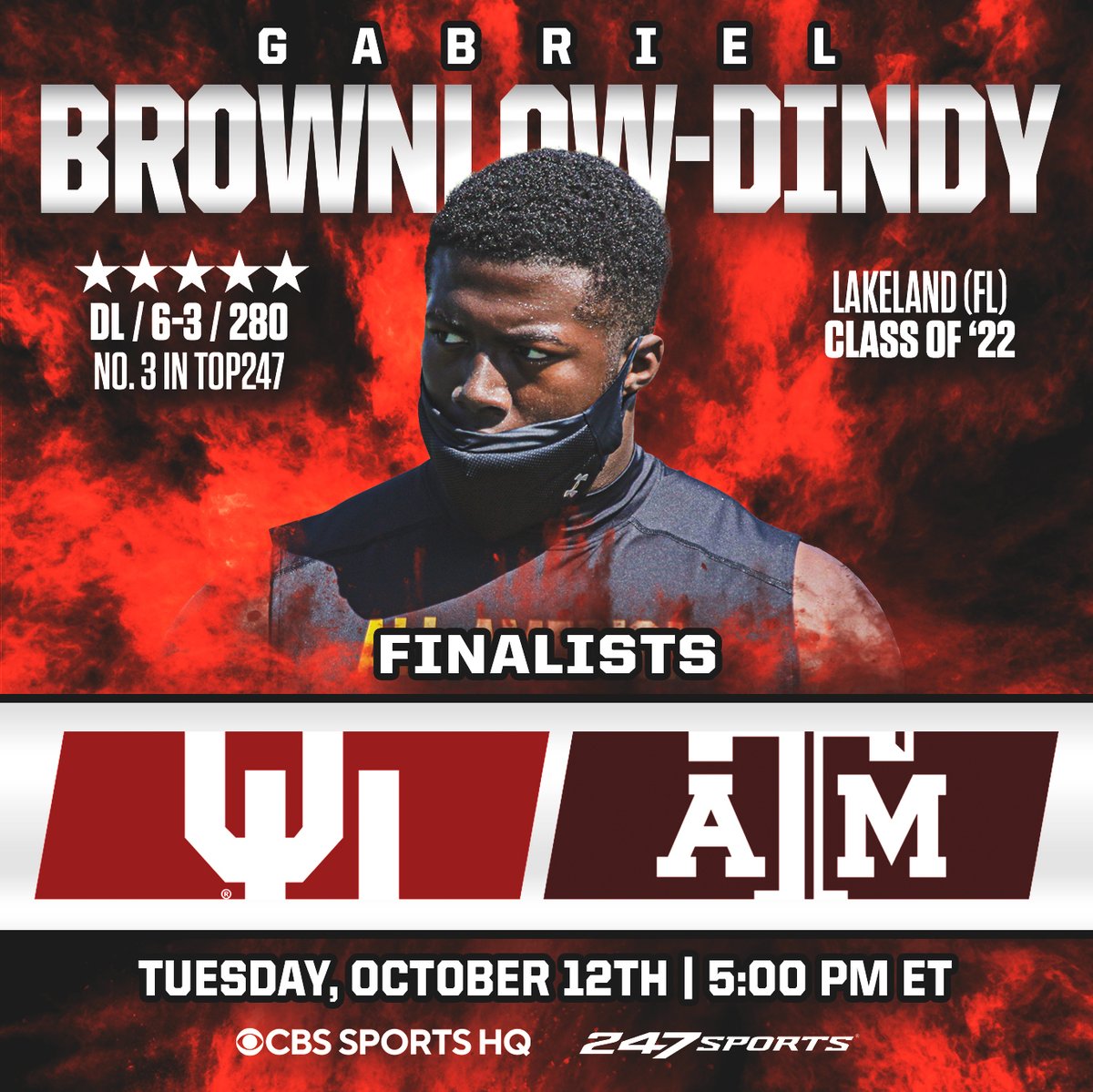 247Sports's tweet photo. 🚨 COMMITMENT ANNOUNCEMENT 🚨

The No. 3 overall player in the Top247 and 5⭐️ DL  @DindyGabriel will announce his commitment LIVE on @CBSSportsHQ tomorrow‼️

Finalists: @OU_Football &amp; @AggieFootball 

⏲️ 5:00 PM ET
📺 https://t.co/agBsGQNm8E
 📰https://t.co/qM2TTQLqCd https://t.co/eJGHkpNG84