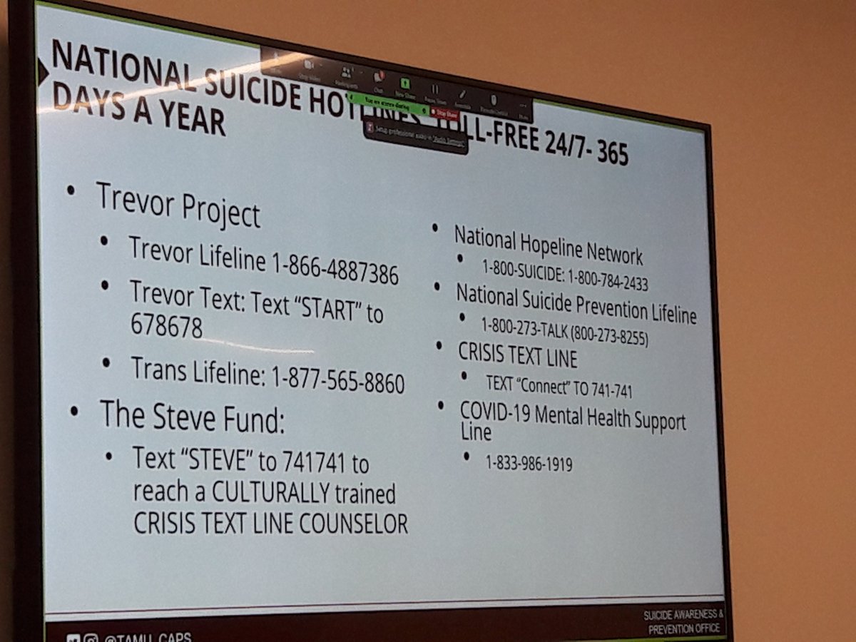 "Destigmatizing suicide by using correct Suicide Language."
Phenomenal insights by Dr Santana Simple during today's QPR training for Suicide prevention! 
Thank you Dr Santana and <a href="/TAMU_CAPS/">Counseling & Psychological Services</a> for providing such productive trainings and more! #mentalhealth #SuicideAwareness  #TAMU