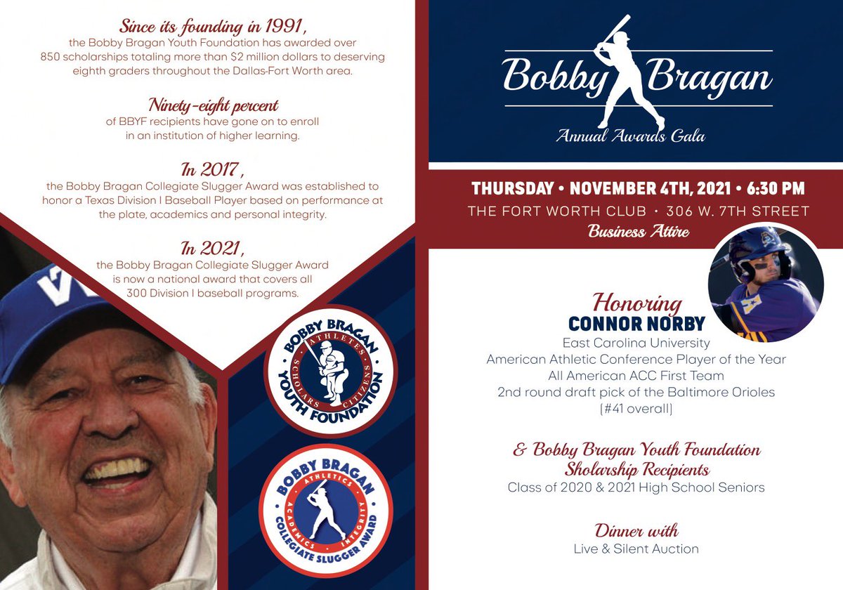BobbyBragan's tweet photo. We are so thrilled to be back with an in-person event this year for the Awards Gala. We will have an incredible live auction, honor our 2021 Collegiate Slugger Award winner and TWO classes of scholarship recipients. Join us on November 4!
TICKETS HERE- https://t.co/gxoxjiYXty https://t.co/AgiTQNos5q