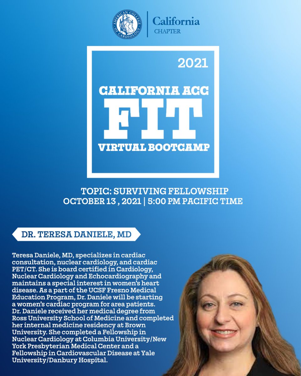 CaliforniaACC's tweet photo. Our next #CAACCFITVirtualBootcamp session is on October 13th! w/ Dr. Teresa Daniele of UCSF!  #registernow

https://t.co/wRUzaZWT0F

#ACCEd #cardiotwitter #thefaceofcardiology  #cardiology #medicine #beoneteachone #Fellowship #MedTwitter #medicine 
@DBelardoMD https://t.co/KU8fENLrYg