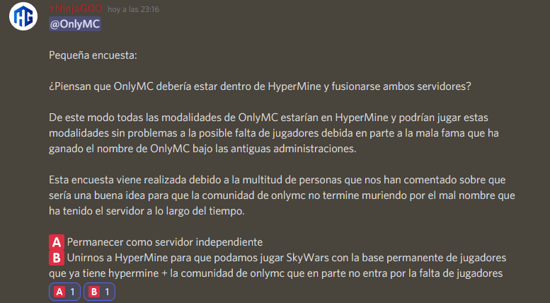 OnlyMCNW's tweet photo. ❗️Importante ❗️
Encuesta sobre el futuro de #onlymc
Para participar en la misma acudan a nuestro discord, reaccionen al emoji de OnlyMC y vayan al canal anuncios-only https://t.co/nf909m8m7t