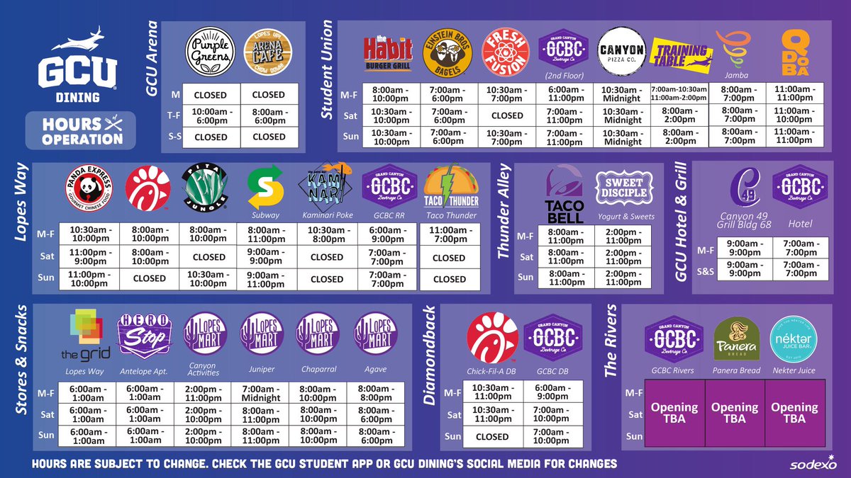 Heads up, Lopes! 
Here are our hours of operations, with some locations open later and some closing later! 

#KnowTheHerd #GCU #GCUDining #GCU2021