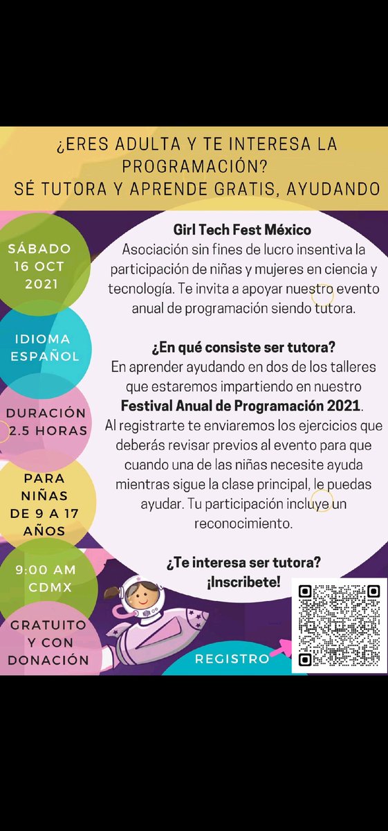 i_Baezg's tweet photo. Se tutora en el 
#GirlTechFestMexico2021 y aprende a programar 🤓

Registro https://t.co/w2OHE2LM3B https://t.co/ZBiHrbR1cI