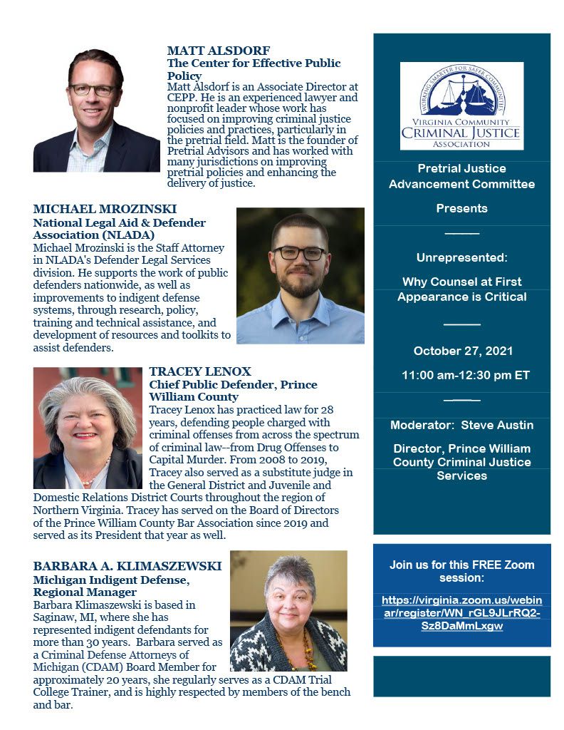 NACDL (@nacdl) on Twitter photo On Oct 27, tune into ‘Unrepresented: Why Counsel at First Appearance is Critical’ for a convo w/ Matt Alsdorf of the Center for Effective Public Policy, @MJMrozinski of <a href="/NLADA/">National Legal Aid & Defender Association</a>, Barbara Klimaszewski of <a href="/michiganidc/">Michigan Indigent Defense Commission (MIDC)</a> & Chief Public Defender Tracey Lenox: buff.ly/3FmIoax On Oct 27, tune into ‘Unrepresented: Why Counsel at First Appearance is Critical’ for a convo w/ Matt Alsdorf of the Center for Effective Public Policy, @MJMrozinski of <a href="/NLADA/">National Legal Aid & Defender Association</a>, Barbara Klimaszewski of <a href="/michiganidc/">Michigan Indigent Defense Commission (MIDC)</a> & Chief Public Defender Tracey Lenox: buff.ly/3FmIoax