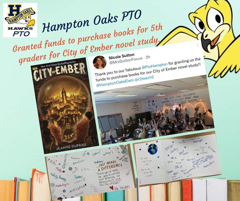PtoHampton's tweet image. Hampton Oaks PTO granted funds to purchase books for 5th graders for City of Ember novel study. Remember we are #StrongerTogether @HamptonOaksElem @MrsSuttonFocus