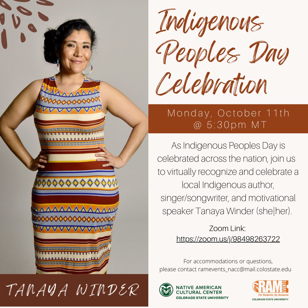Hope to see you on Zoom for the celebration of Indigenous People's Day with Tanaya Winder. zoom.us/j/98498263722