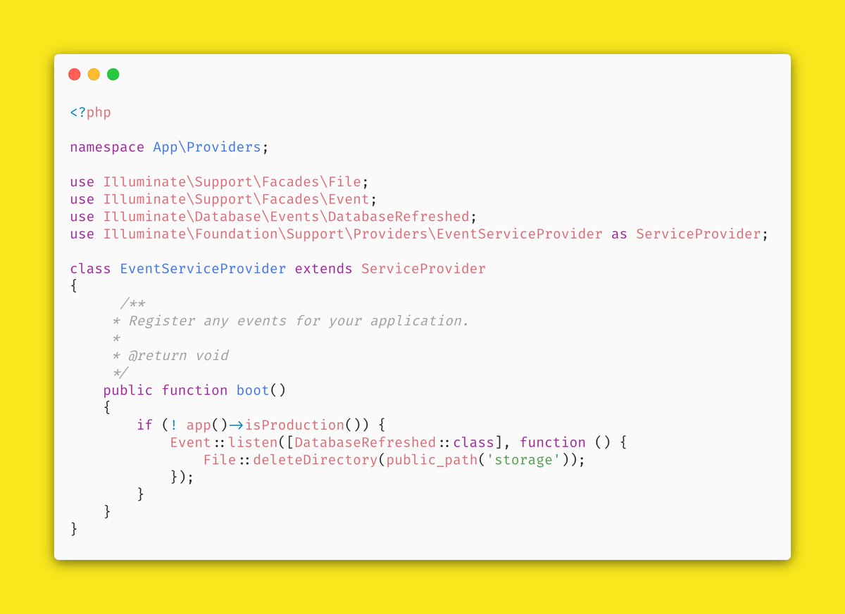 mukja_e's tweet image. Sometimes when working with files locally I use this event listener so when the database is refreshed everything under the storage folder is deleted.
#Laravel #laravel_tips @laravelphp @laravelnews