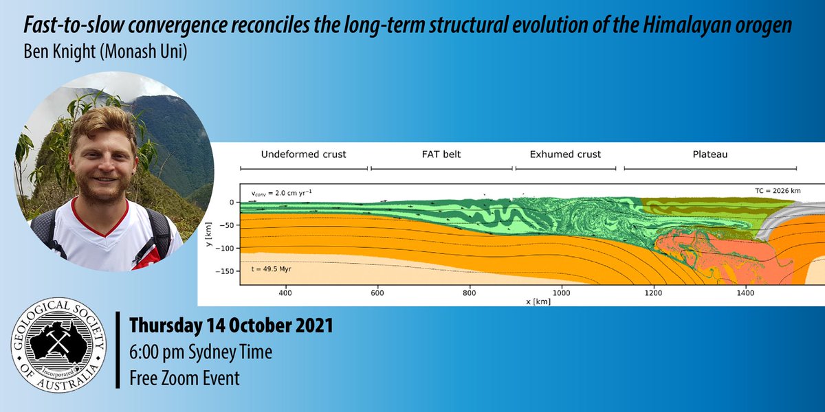 Join the GSA NSW team next Thurs (14 Oct) 6 pm Syd time to hear from Ben Knight, who will present his numerical models of the structural evolution of the Himalayan orogen. All welcome, Zoom details: us06web.zoom.us/j/92803224862?…