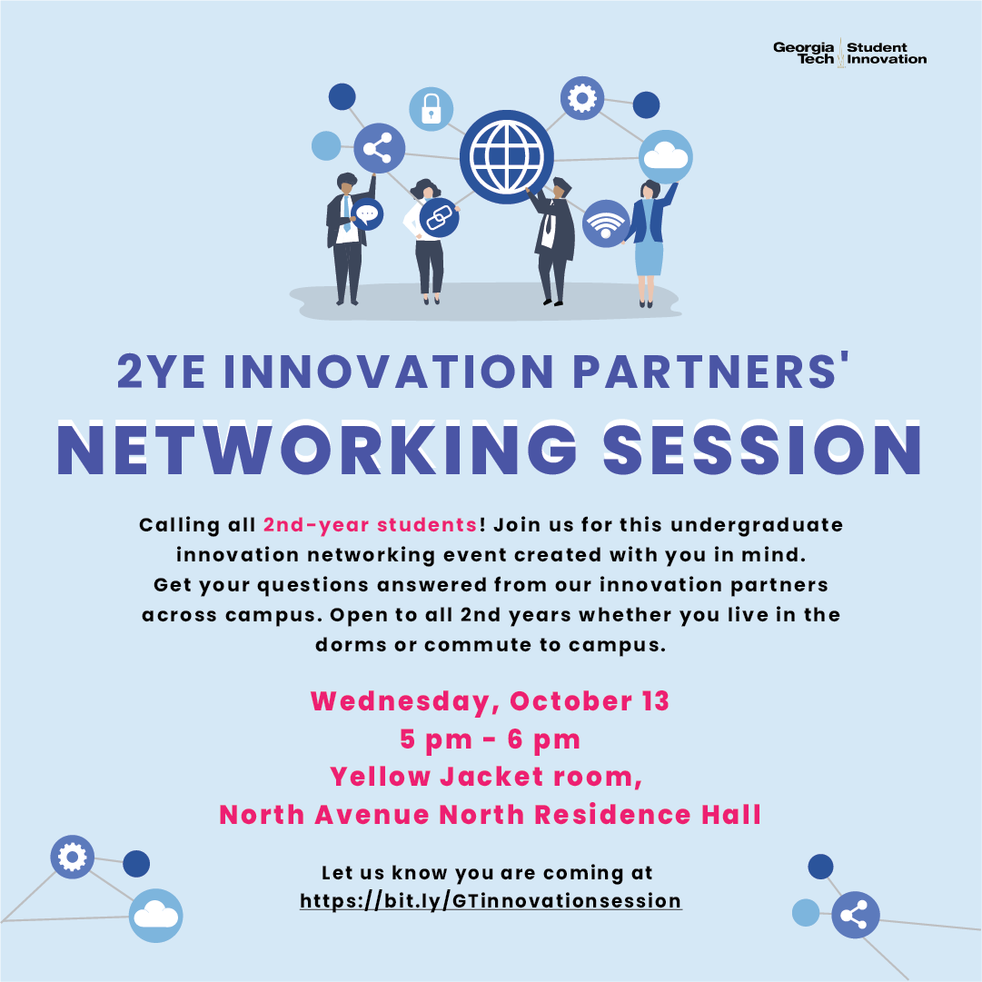 GaTechCAE's tweet photo. Join us on Wed., Oct. 13 at 5pm for a campus innovation partners’ networking session. Discuss how to get involved in various innovation opportunities! Open to all 2nd years on and off-campus.

Sign up at https://t.co/8WkkwKu199 

#innovation #campuspartners #secondyearsuccess https://t.co/ueCVCbWDrI