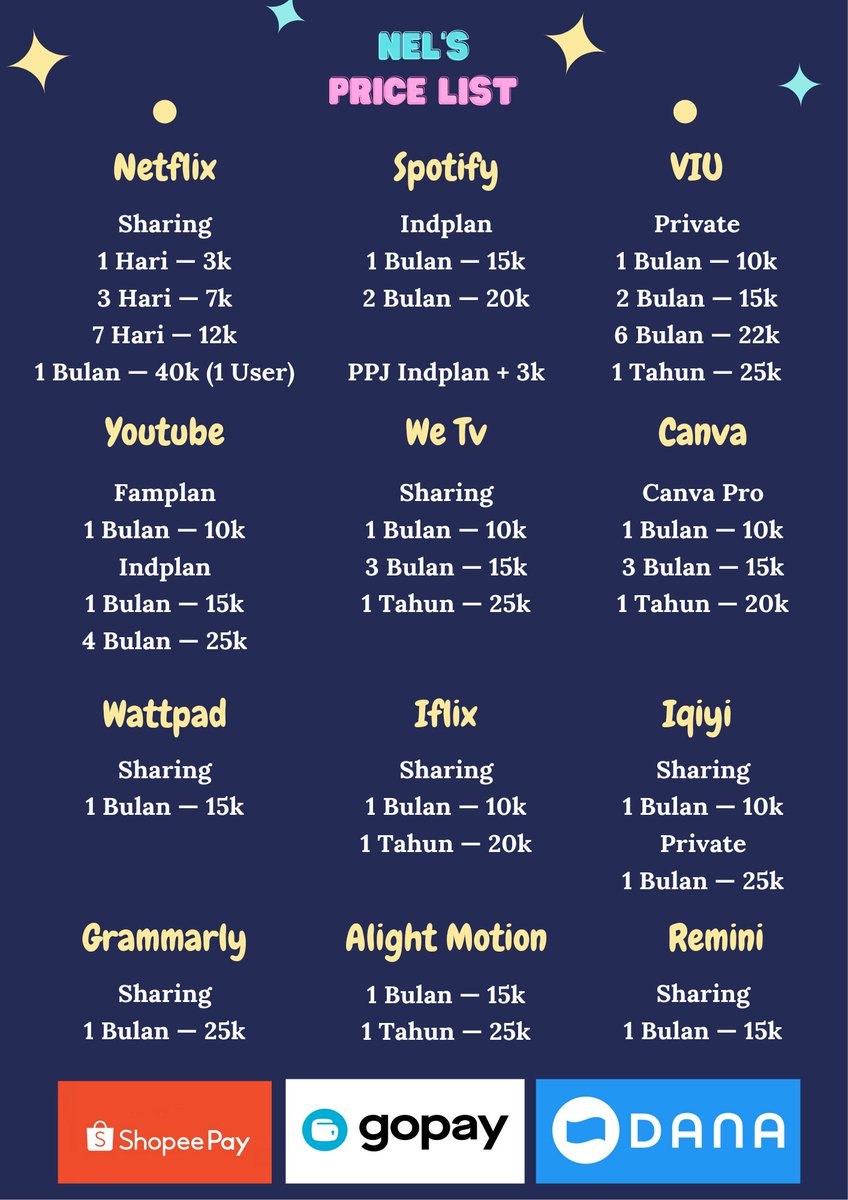 difrectly's tweet image. Kalian lagi cari app premium? bisa banget ke aku yuk. Ready netflix we tv viu youtube canva pro iqiyi spotify iflix wattpad grammarly yaa

— Legal dan garansi
— No vpn 
— Trusted, testi cek pinned 📌
💌 order? dm or wa wa.me/+6281219055492
💸 Spay/Gopay/Dana

#zonauang️