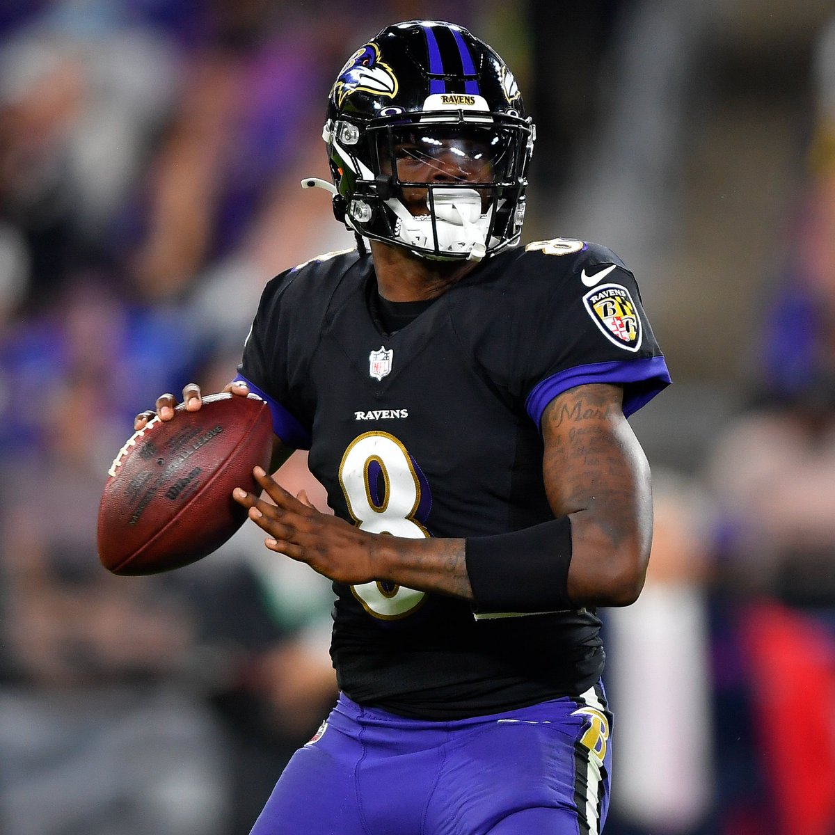NFL's tweet photo. That's Lamar Jackson's first career 400-yard passing game. 💯💯💯💯 #RavensFlock https://t.co/sHmqJ3joQc