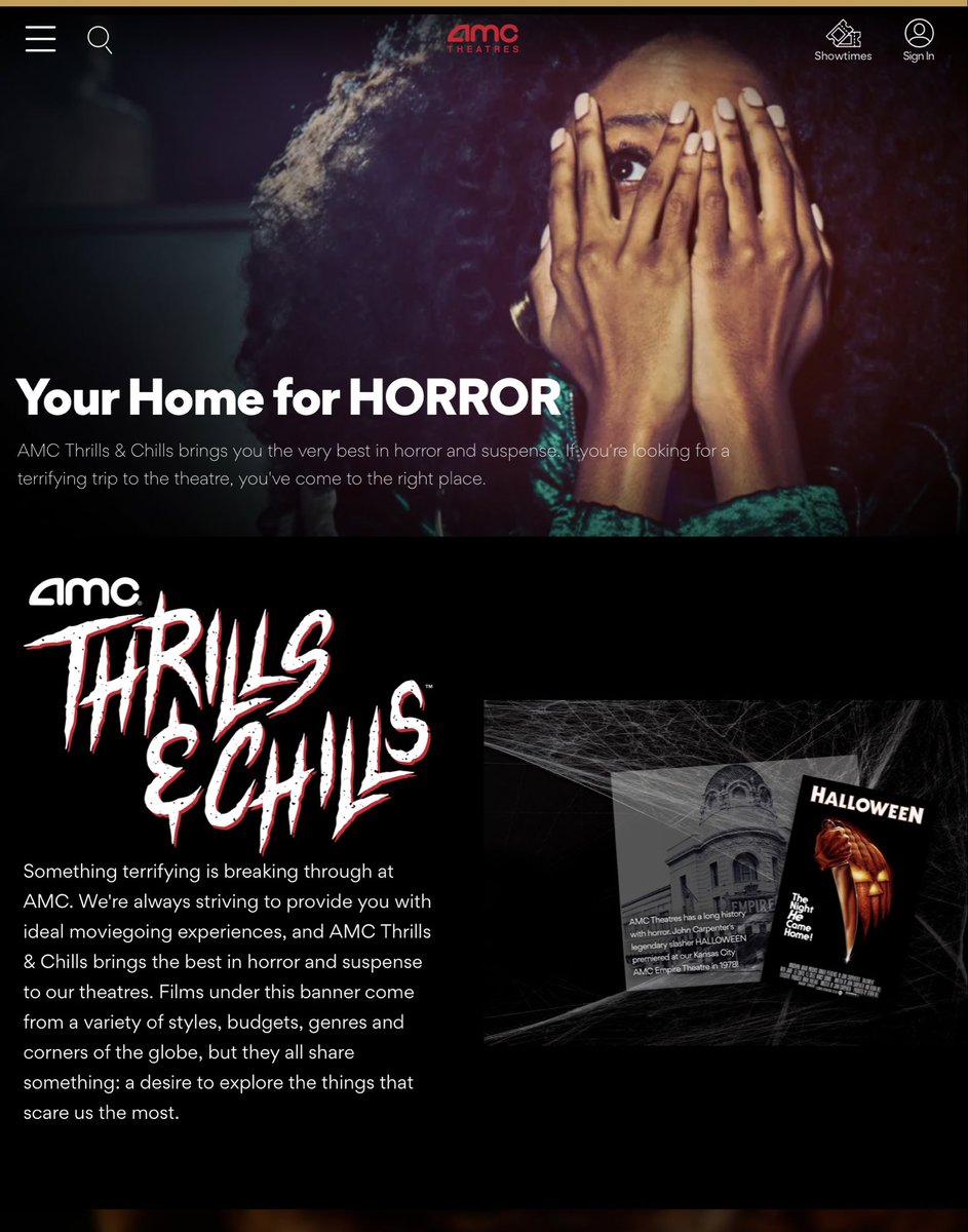 CEOAdam's tweet photo. We just launched AMC Thrills and Chills to entertain horror movie fans with a wide array of suspense-filled films. From classic slashers to franchise favorites to indie noir. @AMCTheatres is your home for horror. A scary flick at AMC. See it if you dare! https://t.co/AevLU7JY7j https://t.co/p6Jy2Llyyw