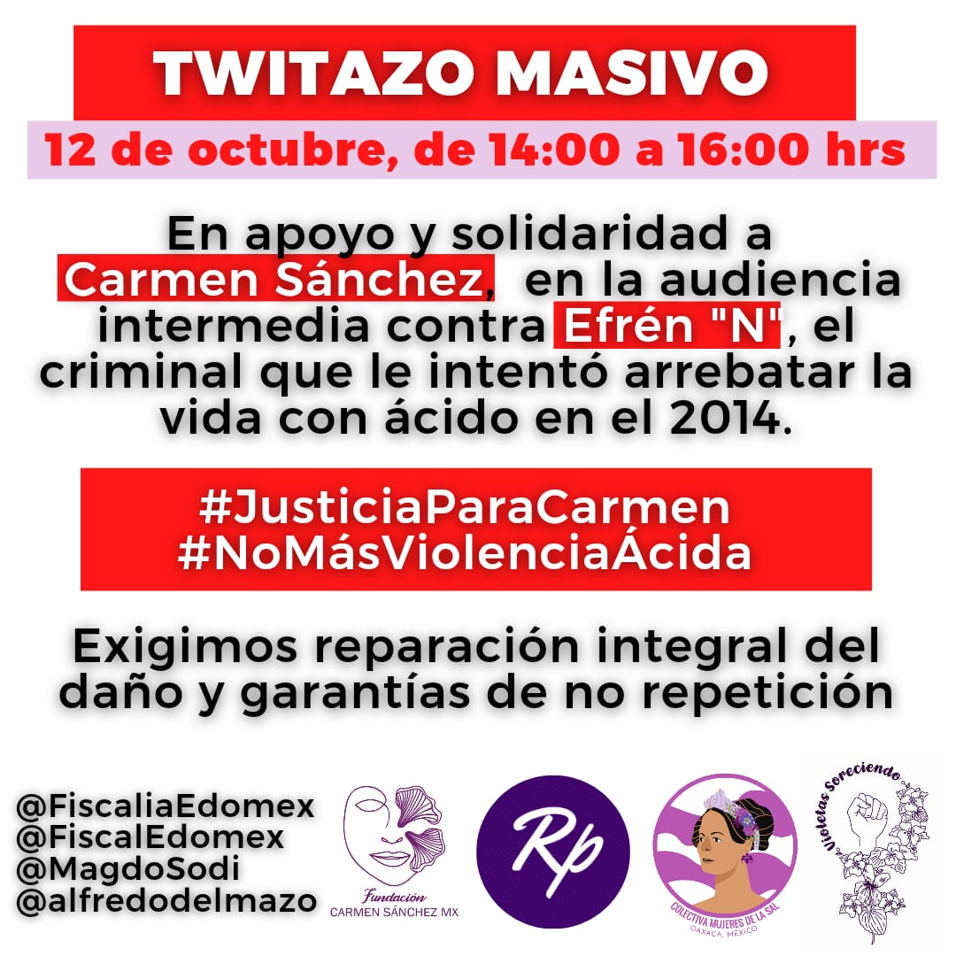 mujeresdelasal's tweet photo. Las NECESITAMOS MAÑANA de 2pm a 4pm en este twitazo masivo en la exigencia de justicia para Carmen, que el hombre que la intentó matar con ácido no quede libre. 

#JusticiaParaCarmen
#NoMásViolenciaÁcida

@FiscaliaEdomex
@MagdoSodi
@alfredodelmazo https://t.co/UTS81Q5GZo
