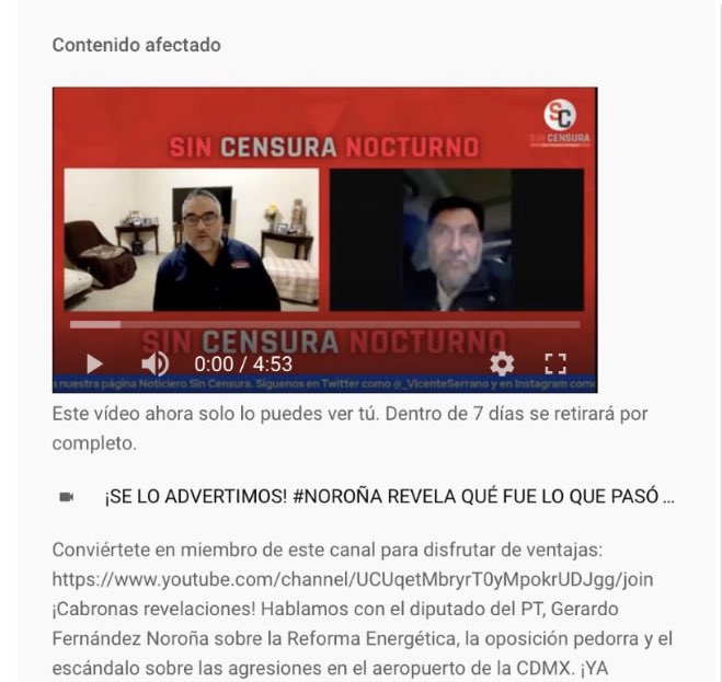 _VicenteSerrano's tweet image. Tal cual: @YouTube censura a #SinCensura. Nos han suspendido #SinCensuraTV con más de un millón y #SinCensuraMedia con cerca de dos millones de suscripciones... Intentan ahogarnos. Sin transmisiones no hay visualizaciones y sin visualizaciones no hay dinero. Nos dejan malheridos.