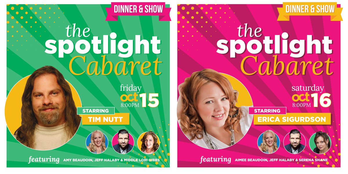 Our dinner &amp; show packages at <a href="/Spotlightyeg/">Spotlight Cabaret</a> have 6 tickets left each and then we're sold out. Don't wait any longer to get yours!

Friday: Tim Nutt
spotlightcabaret.ca/shows/edmonton…

Saturday: Erica Sigurdson
spotlightcabaret.ca/shows/edmonton…