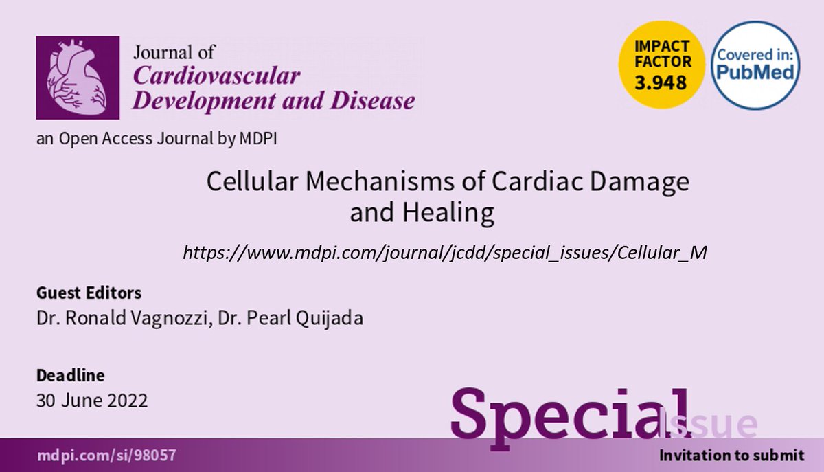 Announcing a special issue of <a href="/JCDD_MDPI/">JCDD MDPI</a> on "Cellular Mechanisms of #Cardiac Damage and Healing". Thrilled to guest edit w/ <a href="/PearlQuijada/">Pearl Quijada (she/her/hers)</a>. Looking for your best papers on ❤️ cell death, #inflammation, #fibrosis, #regeneration, &amp; signaling! 👉bit.ly/2YFji5G #cardiotwitter