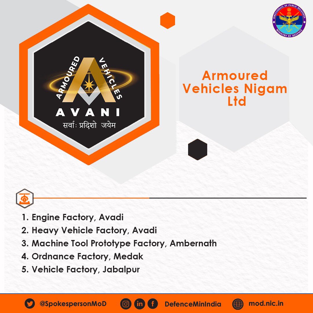 Armoured Vehicles Nigam Ltd will be among the 7 new def cos to be unveiled on Oct 15. It will be engaged in manufacturing of vehicles. #HistoricDefReform
#7NewDefCos <a href="/DefProdnIndia/">Defence Production India</a>
