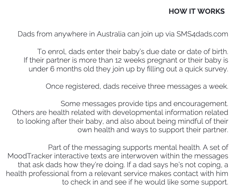 SMS4dads's tweet photo. Curious about how #SMS4dads service works 🤔? Here's a quick primer if you work in #healthcare helping families with #pregnancy in #antenatal #postnatal care. We're practical, evidence-based + run by an experienced team. https://t.co/8kCEqESuyp