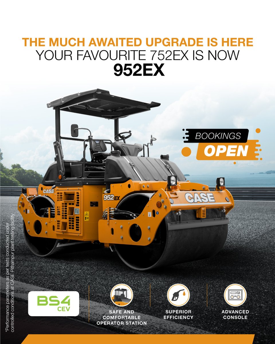 caseceindia's tweet photo. The all-new BS4 compliant 952 EX Tandem Vibratory Compactor is here.
Contact your CASE dealer today or call on our toll-free number 1800 4199 770
#CASEIndia #construction #constructionequipment #bs4compliant #BookingsOpen #compactionequipment https://t.co/hPOEBvRH91