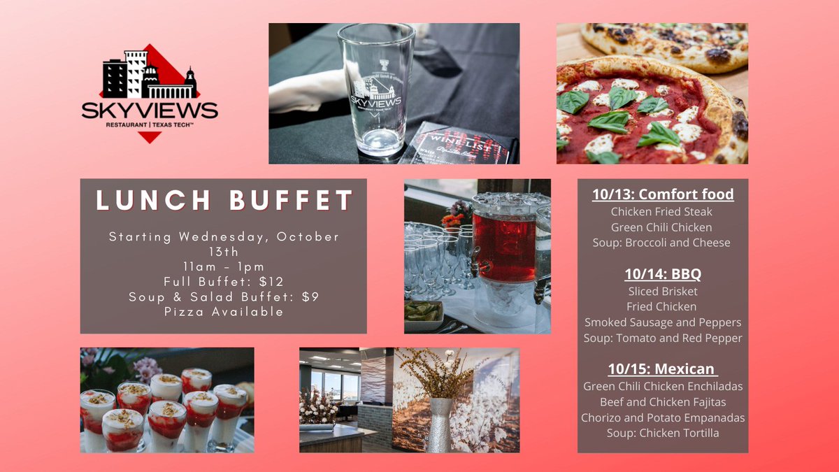 The first week of lunch for Fall 2021 has begun!
Join us this week, starting Wednesday, October 13th for the reopening of our lunch buffet! Lunch starts at 11AM and ends at 1PM. 
Reservations are not required, if you would like to make one, use this link depts.ttu.edu/hs/hrm/skyview…