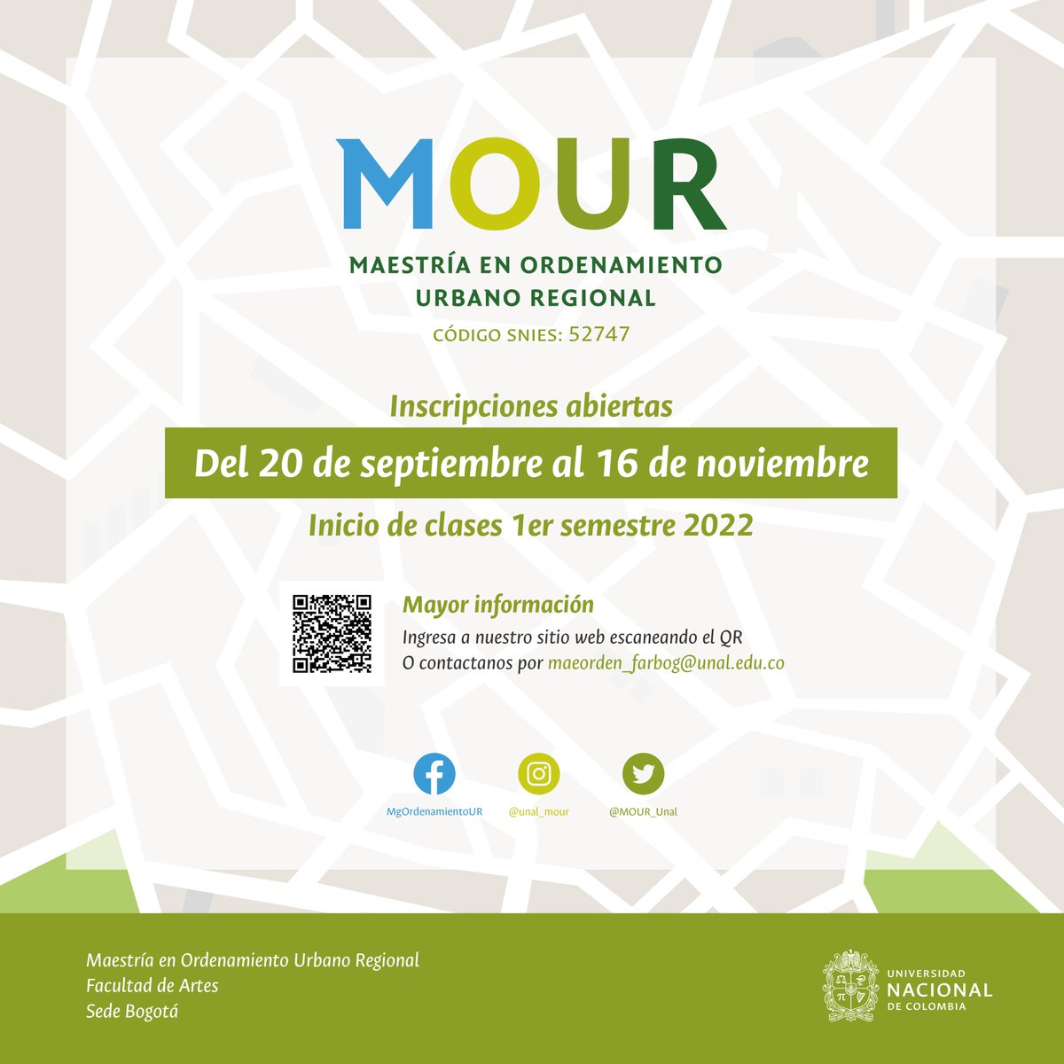 MOUR_Unal's tweet photo. Inscripciones abiertas hasta el 16 de noviembre de 2021 - Inicio de clases: primer semestre de 2022.
💻Infórmate sobre el programa: https://t.co/r5BtmmH9J1
🔎Proceso de admisión: https://t.co/imsNbRMzTB 
Escríbenos: maeorden_farbog@unal.edu.co https://t.co/GP0xqCBwDQ