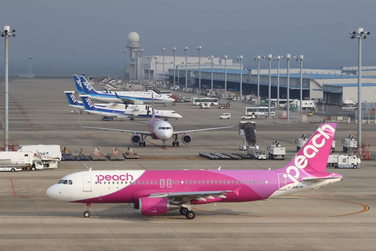 中部国際空港セントレア S Tweet Peachの機体が新千歳 に向けて出発です 曇り空でも鮮やかなフーシアピンクが映えてますね 今朝の滑走路は36です セントレア Trendsmap