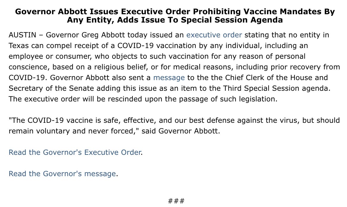 I issued an Executive Order prohibiting vaccine mandates by ANY entity in Texas. I also added the issue to the Special Session agenda. The COVID-19 vaccine is safe, effective, & our best defense against the virus, but should always remain voluntary & never forced.