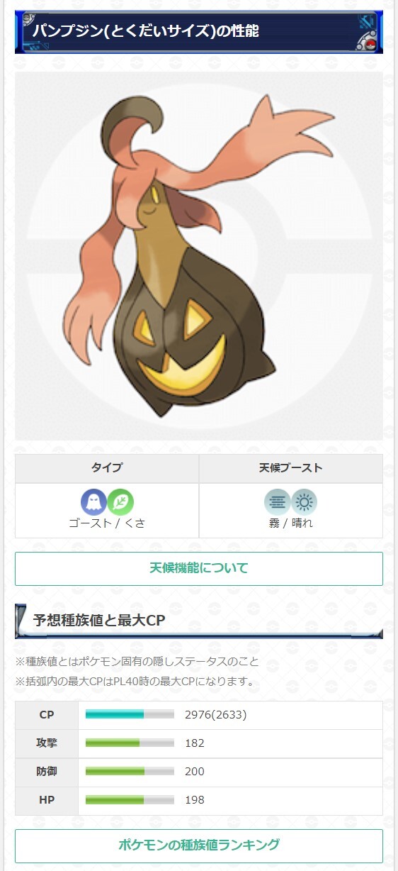 ポケモンgo攻略 Gamewith バケッチャ系統のサイズについて バケッチャ系統のサイズは4種類 原作ではサイズで種族値が異なる 計算するとポケモンgoでも種族値が異なる 画像はそれぞれのパンプジンの予想種族値です パンプジンの詳細はこちら