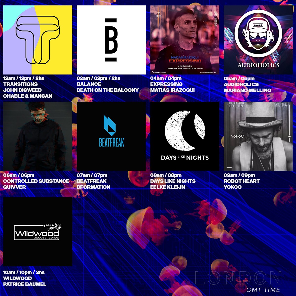 <a href="/quantumradiofm/">quantumRadiofm</a> | 10/10/2021 (GMT)

John Digweed &amp; Chable &amp; Mangan 
Death on the Balcony 
Matias Irazoqui 
Mariano Mellino 
Quivver 
Dformation
Eelke Kleijn
YokoO 
Patrice Baumel

CHECK LINK IN BIO